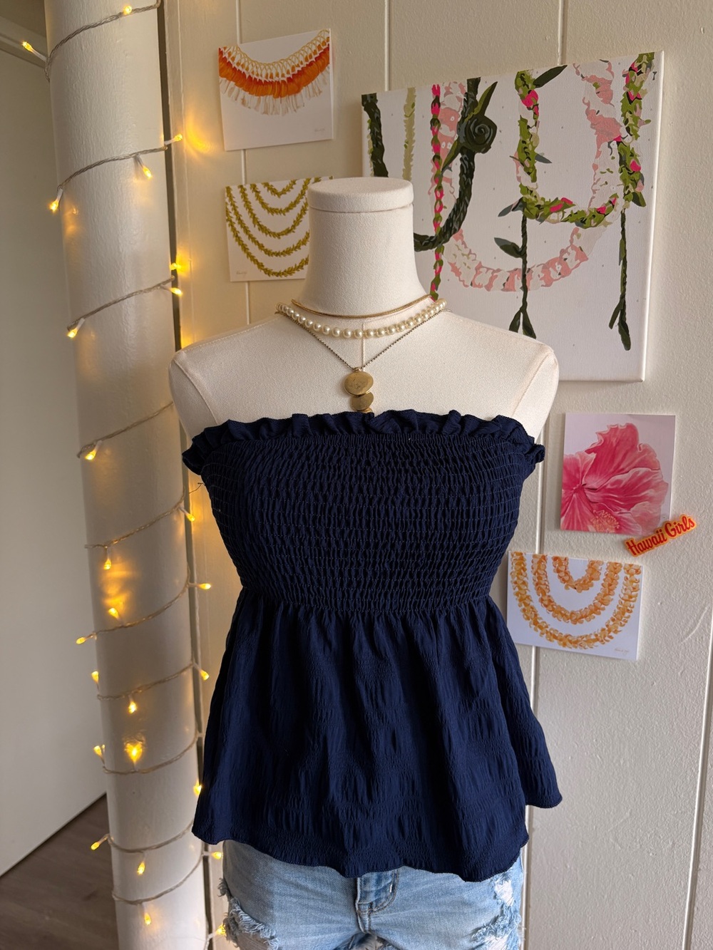 Smocked Ruffle-Top Tube Blouse - Navy